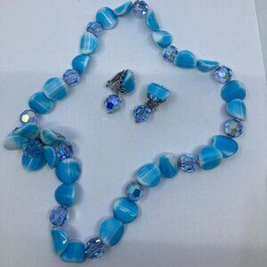 Vtg ALICE CAVINESS ? blue moulded glass  pie crust setting earrings necklace